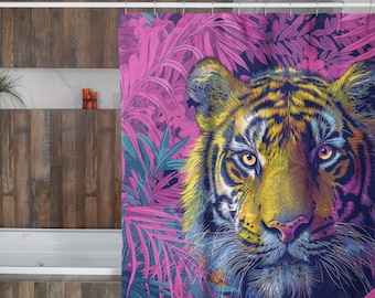 Lebendiger Tiger Duschvorhang | Pink und Grün Duschvorhang | Exotischer Wohndekor Duschvorhang | Badezimmer erfrischen Geschenke | 180 x 190 cm groß