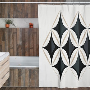 Midcentury Modern Shower Curtain | Diamond Mid Mod Style Shower Curtain | Beige Black Shower Curtain | Bathroom Refresh Gifts | 71x74 inch