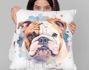 English Bulldog Watercolor Throw Pillow Cover | Fine Art Pillow Cover | Square Pillow Case | 4 Sizes: 14x14, 16x16, 18x18, 20x20