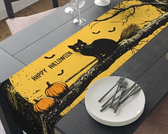 Griezelige Black Cat-tafelloper | Halloweenversieringen | Eetkamerdecoratie voor de feestdagen | Donkere tafeldecoratie | 16" × 72" polyesterstof