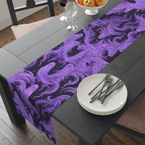Spooky Purple Ghost Table Runner | Cute Halloween Decoration | Holiday Dining Room Decor | Table Decoration | 16&quot; × 72&quot; Polyester Fabric