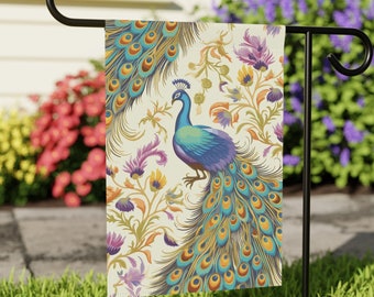Pfau Blumengarten Flagge | Landhaus Garten Flagge | Schöne Gartenfahne | Willkommen-Flagge | Rasenfahne | Hoffahne | 31cm x 45cm
