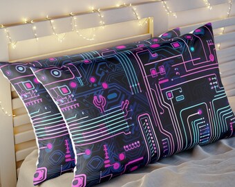 90s Tech Nerd Bed Pillow Sham | Cyber Theme Bedroom Decor | Standard and King Size Microfiber Pillow Cover | 26 x 20 and 36 x 20 Inch