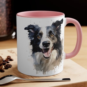 Border Collie Watercolor Mug | Pet Border Collie Mug | Black or Pink Coffee Mug | Dog Lover Gift | Microwave Safe | Dishwasher Safe