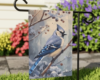 Blue Jay Garden Flag | Winter Garden Flag | Beautiful Bird Garden Flag | Garden Flag | Bird Flag | Seasonal Flag | Autumn Decor | 12&quot; x 18&quot;