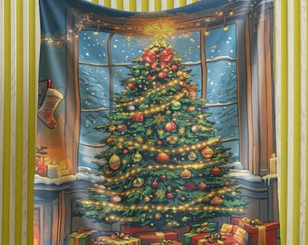 Christmas Tree Fleece Sherpa Blanket - Cozy Winter Holiday Scene Throw Blanket, Gift for New Homeowner, Cabin, Winter Night, Bedroom Accent