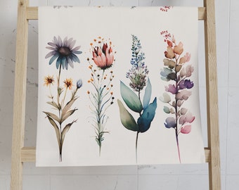 Watercolor Flowers Hand Towel - Soft Polyester and Cotton Blend, Kitchen and Bathroom Towel, Home Decor Gift, 28 × 16 Inch