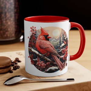 Winter Red Cardinal Mug | Northern Cardinal Tea Mug | Red and White Coffee Mug | Fun Bird Lover Gift | Microwave Safe | Dishwasher Safe
