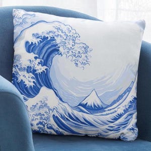 Funda de almohada decorativa con ondas Ukiyo-e / Funda de almohada con decoración artística japonesa / Nueva funda de almohada cuadrada / 4 tamaños: 14x14, 16x16, 18x18, 20x20