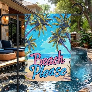 Beach Please Pool Flag | Drapeau de piscine Tropical Beach House | Drapeau des citations amusantes sur la piscine | Drapeau de bienvenue palmier | Drapeau de pelouse | Drapeau de triage | 12" x 18"