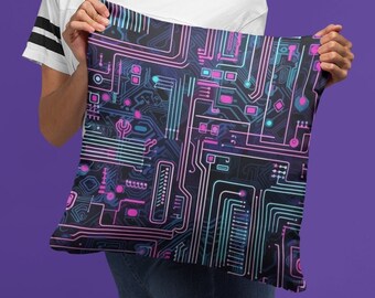Neon Tech Nerd Throw Pillow Cover | Computer Themed Pillow Cover | Square Pillow Case | 4 Sizes: 14x14, 16x16, 18x18, 20x20