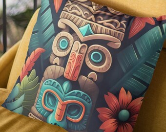 Coussin décoratif Island Tiki | Oreiller carré Tiki Room | Oreiller de canapé | 3 tailles : 14 x 14, 16 x 16, 18 x 18 pouces | Vert Rouge Floral