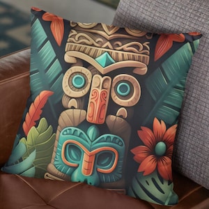 Island Tiki Throw Pillow Cover | Tiki Room Pillow Cover | Square Pillow Case | 4 Sizes: 14x14, 16x16, 18x18, 20x20 In