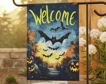 Halloween Welcome Flag | Halloween Holiday Garden Flag | Bats and Pumpkins Garden Flag | Welcome Flag | Lawn Flag | Yard Flag | 12" x 18"