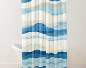 Blue Coastal Wave Shower Curtain | Modern Ocean Shower Curtain | Home Decor Shower Curtain | Colorful Bathroom Refresh Gift | 71x74 Inch