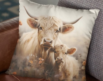 Highland Cow Kissenbezug | Country Boho Home Decor Kissenbezug | Quadratischer Kissenbezug | 4 Größen: 14 x 14, 16 x 16, 18 x 18, 20 x 20 Zoll