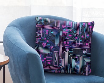 Coussin décoratif néon Tech Nerd | Carré décoratif sur le thème de l'ordinateur | 3 tailles : 14 x 14, 16 x 16, 18 x 18 pouces