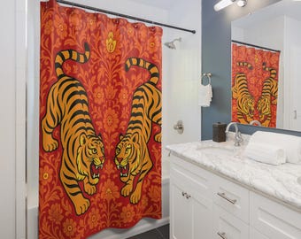 Lebendige Tiger Rot Duschvorhang | Mutige Badezimmer Dekoration | Tier Print Vorhang | Farbenfrohes Wohndekor | Badezimmer erfrischen Geschenke | 180 x 190 cm groß