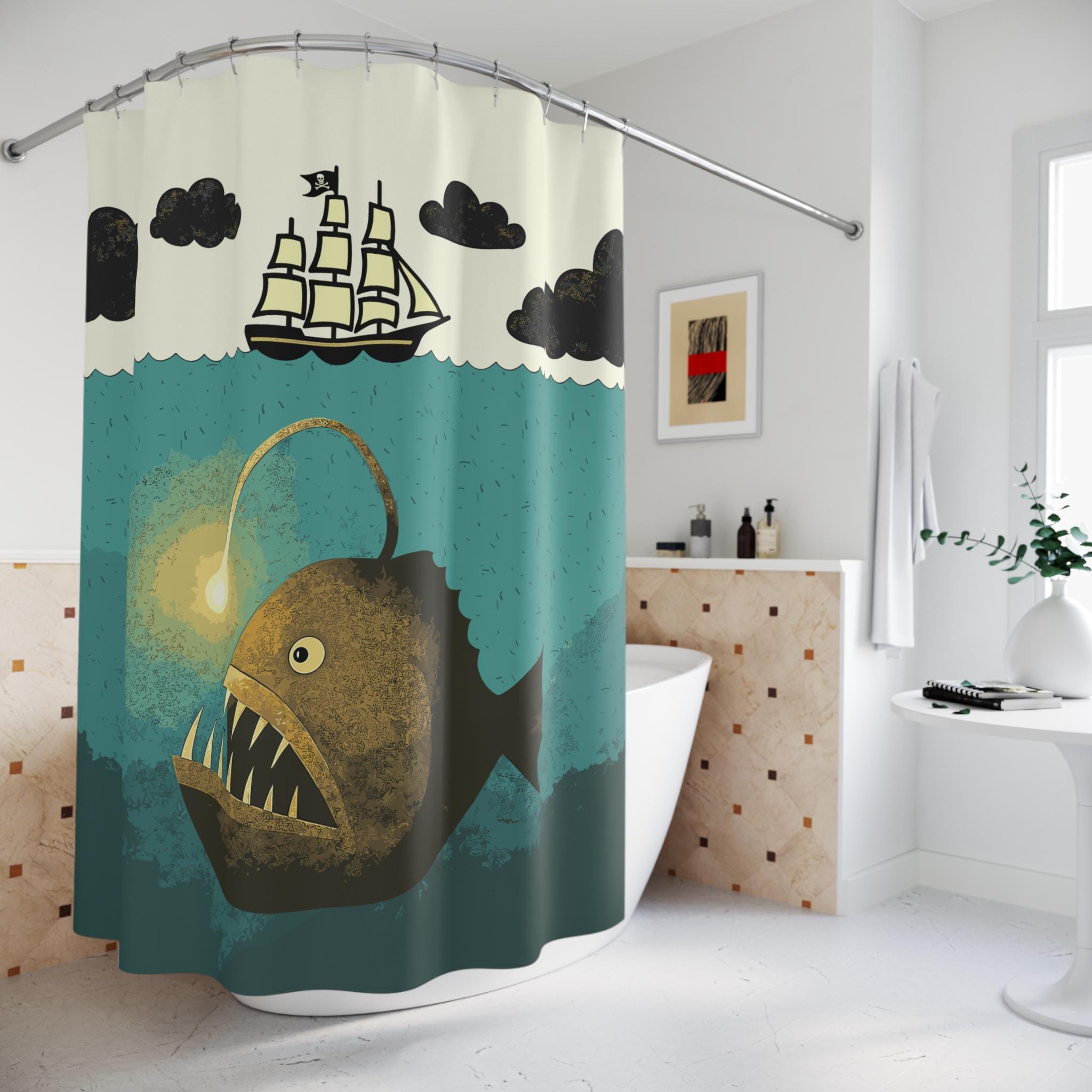 Tenda Doccia 180x180 Cm Con Polpo E Sirena - Fungarth, Tema Nautico, Verde, Con Ganci