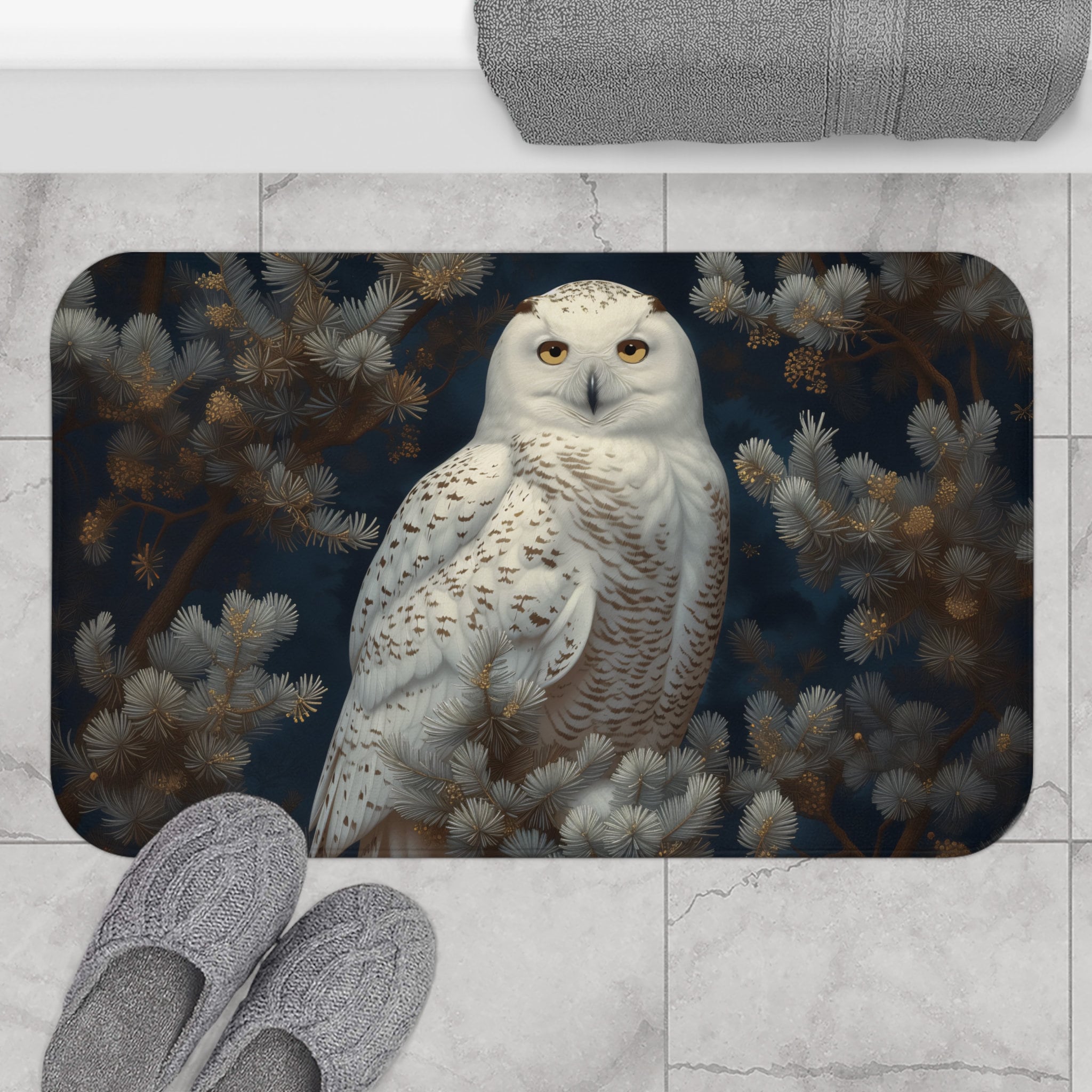 Snowy Owl Memory Foam Mat | Nature Forest Navy Microfiber Bath Mat for Bathroom Decorating | Traditi