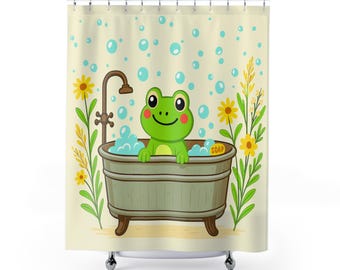 Farmhouse Frog Shower Curtain | Cute Country Shower Curtain | Children Kids Home Decor Shower Curtain | Bathroom Refresh Gifts | 71x74 Inch