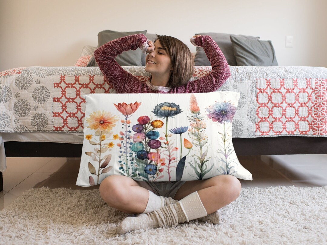 Boho Watercolor Flowers Bed Pillow Sham Floral Room Standard and King