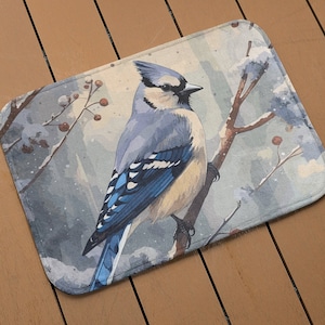 Espuma viscoelástica Winter Blue Jay | Tapete de banho de microfibra para decoração de banheiro | Tapete de chão com lindos pássaros | Presentes para renovar o banheiro