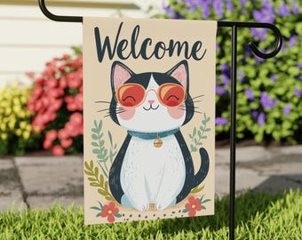 Kitty Outdoor Welcome Garden Flag | Floral Style Welcome Flag | Seasonal Garden Flag | Welcome Flag | Lawn Flag | Yard Flag | 12" x 18" Size