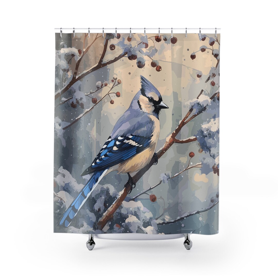 Winter Blue Jay Shower Curtain Beautiful Bird Shower Curtain Bird Lover