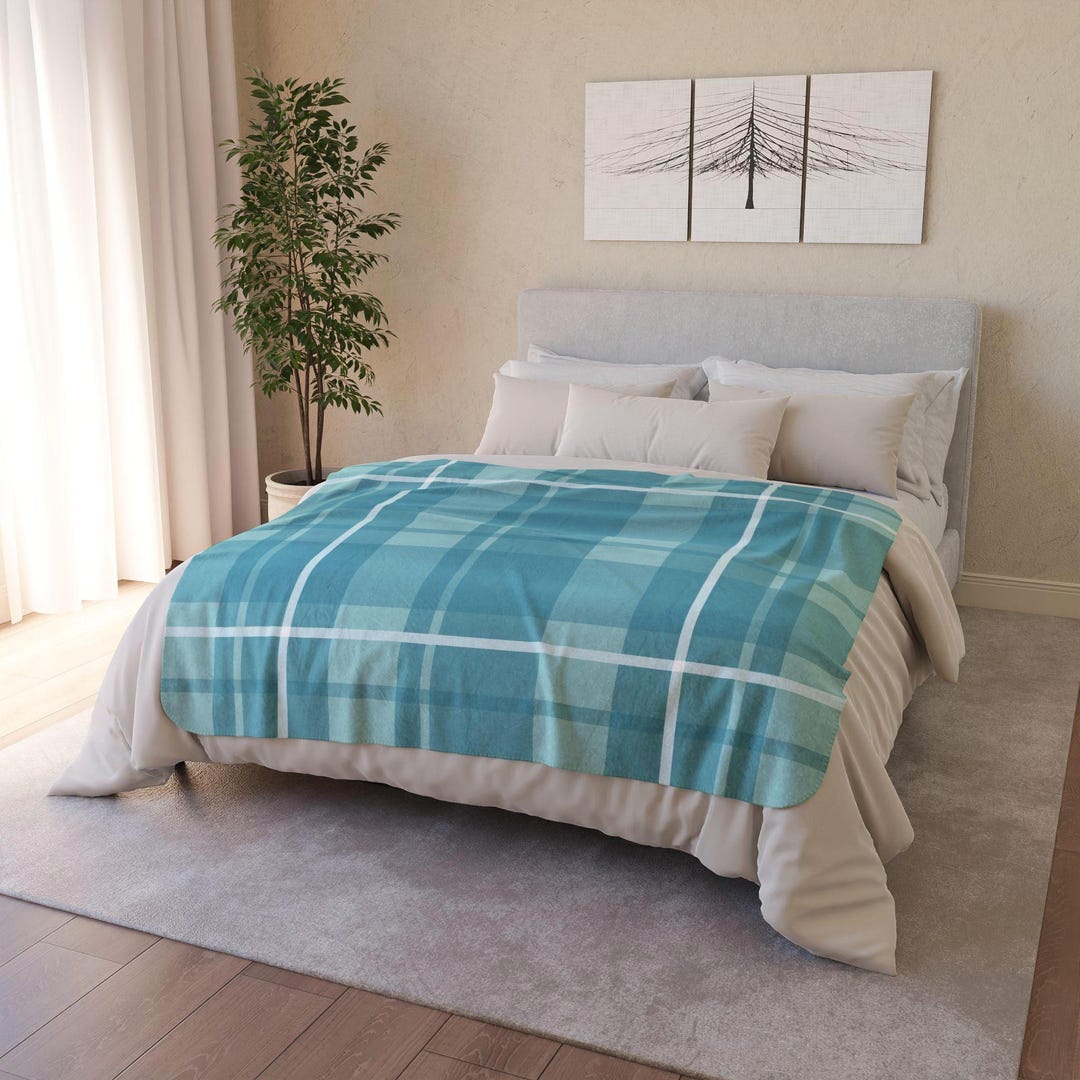 Coastal Blues Plaid Fleece Sherpa Blanket - Cozy Plaid Pattern Throw ...