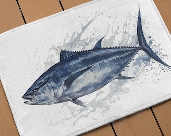 Tapete de espuma viscoelástica com estampa de atum azul Gyotaku | Tapete de banho em microfibra para decoração de banheiro | Tapete para chão em estilo náutico | Presentes para renovar o banheiro