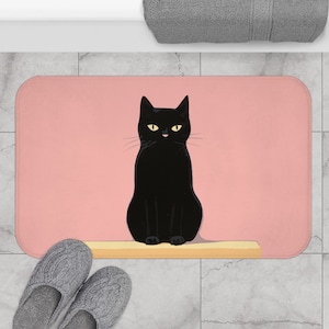 Black Cat in roze traagschuim | Microvezelbadmat voor badkamerdecoratie | Fine Art-vloermat | Cadeaus voor badkameropfrissing