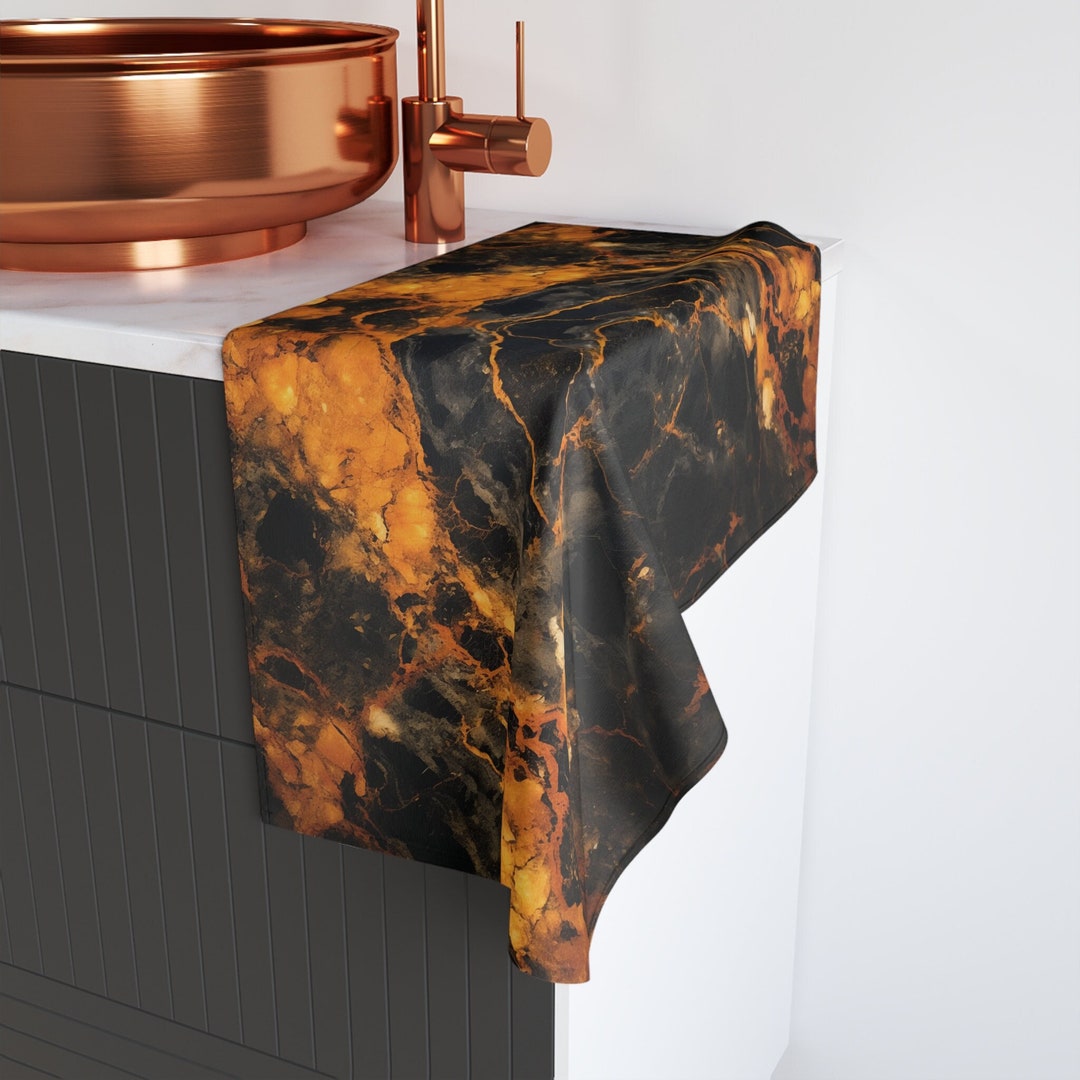 Black / Gold Marble Hand Towel - Soft Polyester and Cotton Blend, Kitchen and Bathroom Towel ...