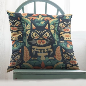 Tiki Cat Throw Pillow Cover | Island Tiki Bar Pillow Cover | Square Pillow Case | 4 Sizes: 14x14, 16x16, 18x18, 20x20 Inch