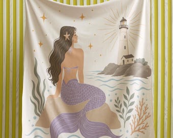Manta de forro polar Sherpa con diseño de sirena lavanda - Manta decorativa con faro costero, regalo para nuevos propietarios, cabaña, noches de invierno, decoración para el dormitorio.
