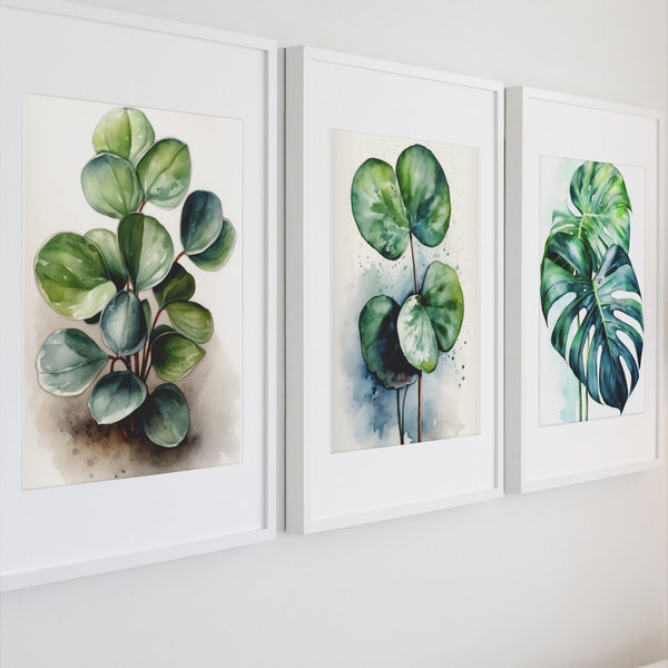 Watercolor Botanical Trio, Kitchen House Plants, Digital PNG Instant Printable Download, Set of 3 Pilea / Peperomia Plant Prints 2:3 Aspect
