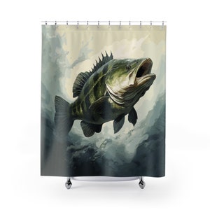 Bass Fisch Duschvorhang | Landhausstil Duschvorhang | Haus am See Duschvorhang | Badezimmer erfrischen Geschenke | 180x180 cm groß