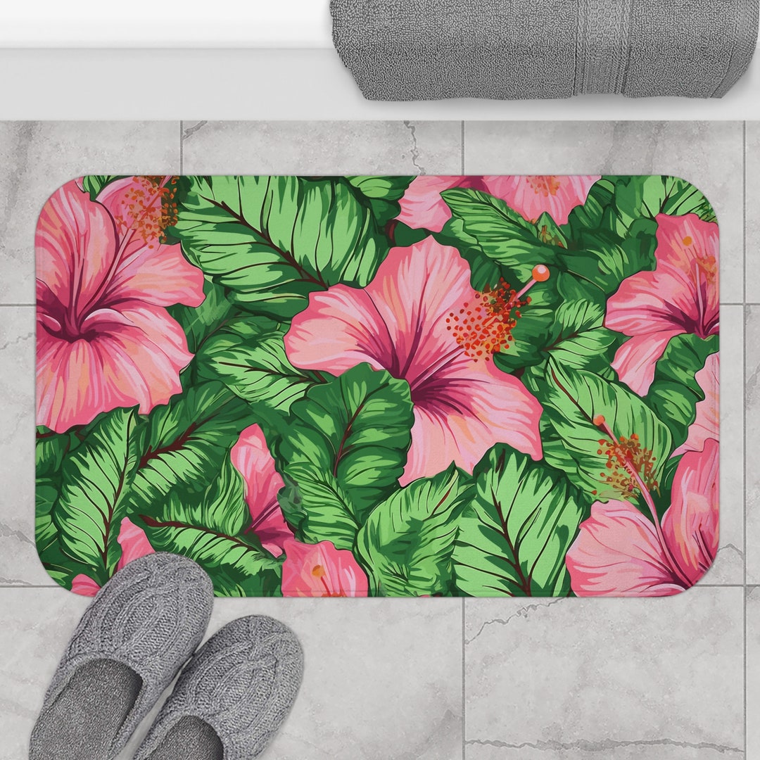 Hibiscus Pink and Green Memory Foam | Microfiber Bath Mat for Bathroom ...