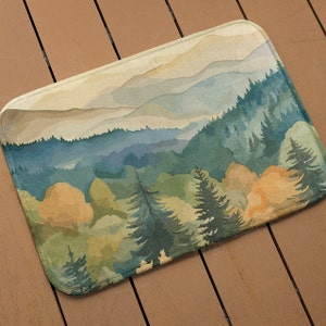 Fall Mountains Memory Foam | Microfiber Bath Mat for Bathroom Decorating | Autumn Watercolor Floor Mat | Bathroom Refresh Gifts