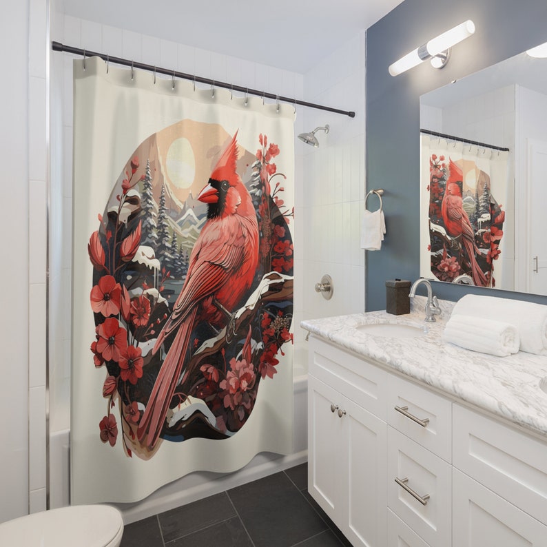 Red Cardinal Shower Curtain Winter Scene Shower Curtain Beautiful