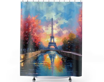 May include: A colorful painting of the Eiffel Tower in Paris, France. The tower is reflected in the water of the Seine River. The sky is a vibrant blue with pink and orange clouds. Trees line the riverbanks.