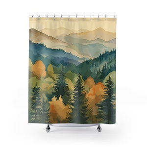 Fall Mountains Shower Curtain | Autumn Colors Shower Curtain | Watercolor Shower Curtain | Bathroom Refresh Gifts | 71x74 inch