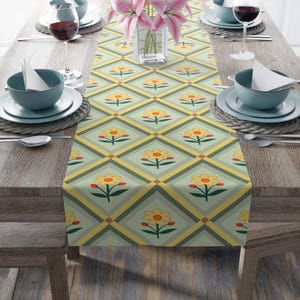 Sage Green Floral Lattice Table Runner | Springtime Decoration | Colorful Dining Room Decor | Table Decoration | 16" × 72" Polyester Fabric
