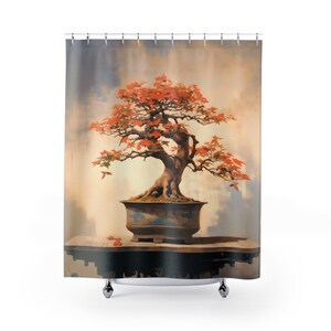 Peut inclure: Un bonsaï avec des feuilles rouges dans un pot brun sur une table en bois. L'arbre est placé sur un fond brun clair avec un ciel nuageux.