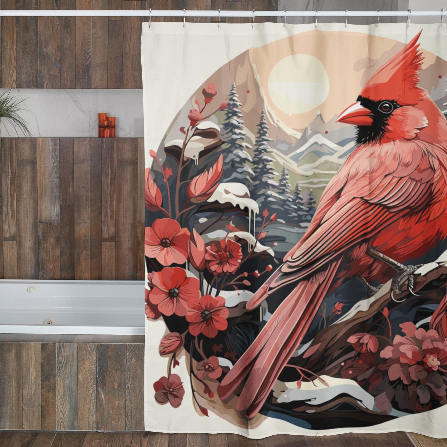 Red Cardinal Shower Curtain Winter Scene Shower Curtain Beautiful