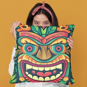 Fun Tiki Bar Print Throw Pillow Cover | Oriental Style Pillow Cover | Square Pillow Case | 4 Sizes: 14x14, 16x16, 18x18, 20x20 Inch