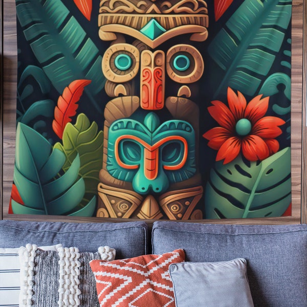 Tiki Room Wall Tapestry, Tropical Wall Hanging, Tiki Bar Wall Tapestry, Exotic Home Decor, Sizes: 60" x 50", 80" x 68", 104" X 88"