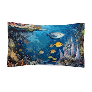 Blue Underwater Reef Bed Pillow Sham | New Bedroom Decor | Standard and King Size Microfiber Pillow Cover | 26 x 20 and 36 x 20 Inch