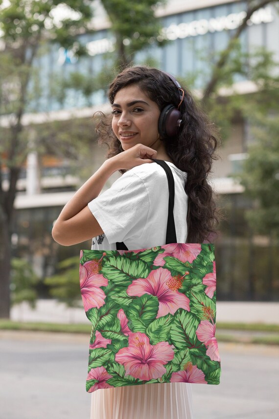 Pink Hibiscus Pattern Tote Bag | Three Different Sizes
