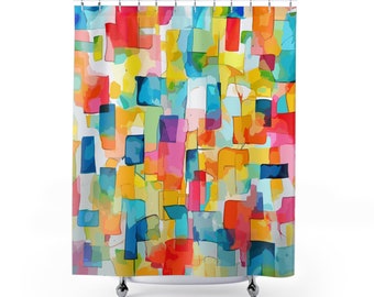 Peut inclure: Rideau de douche abstrait avec un motif géométrique coloré de carrés et de rectangles dans des tons de bleu, vert, jaune, orange, rouge et rose.